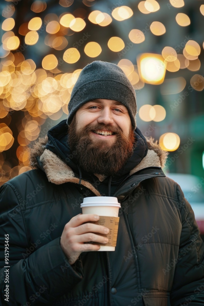 A content man, wearing a grey beanie and coat, sips a cup of coffee while standing on a street lit by lights. The scene evokes a sense of warmth and relaxation during the winter season. A content man, wearing a grey beanie and coat, sips a cup of coffee while standing on a street lit by lights. The scene evokes a sense of warmth and relaxation during the winter season.