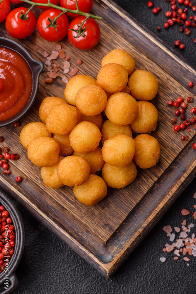 Cheese or potato balls breaded with salt, spices and herbs Cheese or potato balls breaded with salt, spices and herbs