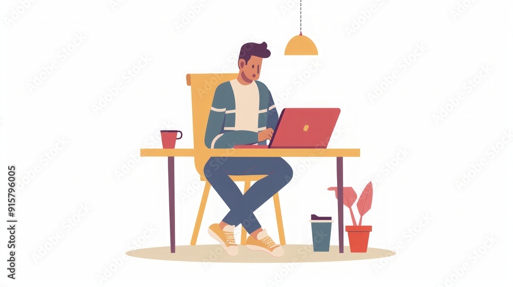 Man Working on Laptop at Home Office - Illustration Man Working on Laptop at Home Office - Illustration