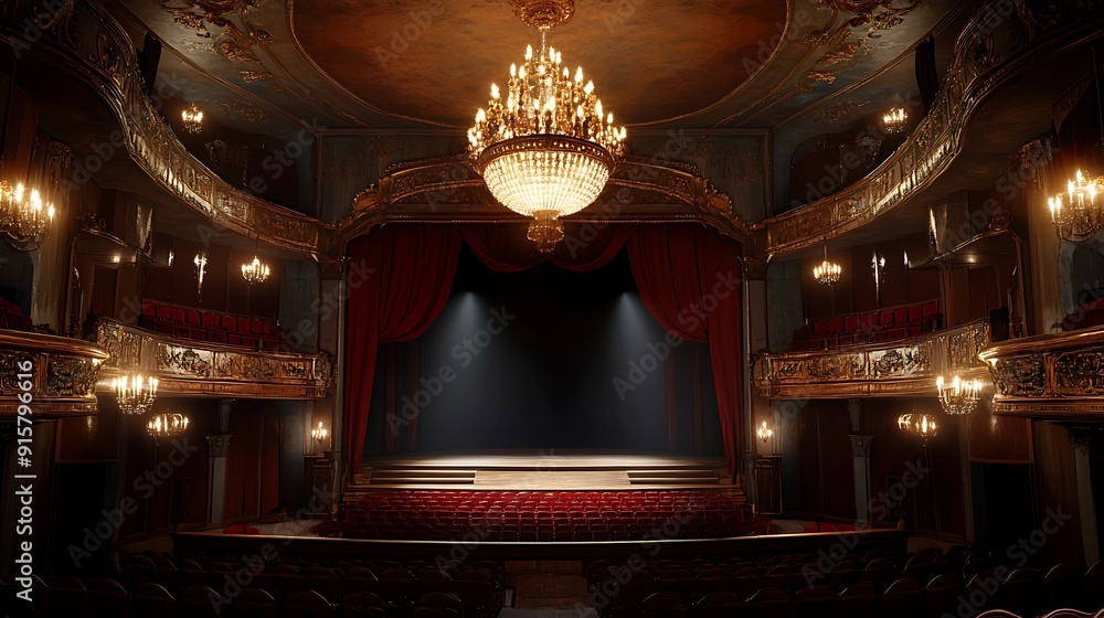 Obraz premium Empty Theater Stage with Red Curtains and Rows of Seats
