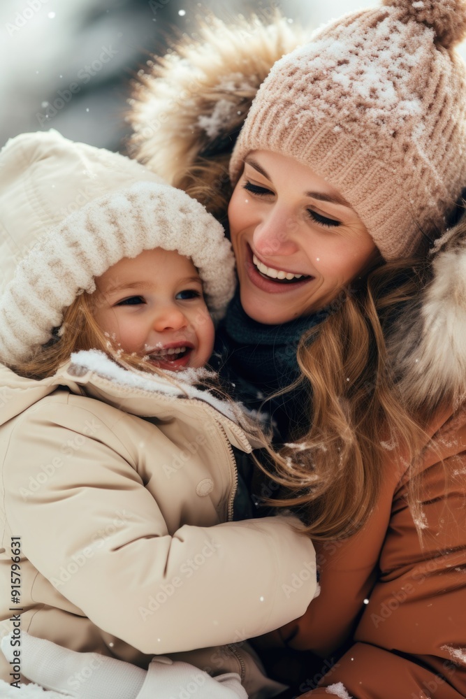 A joyful mother and young child embracing a snowy day, bundled up against the cold, cherishing the wintertime together. A joyful mother and young child embracing a snowy day, bundled up against the cold, cherishing the wintertime together.