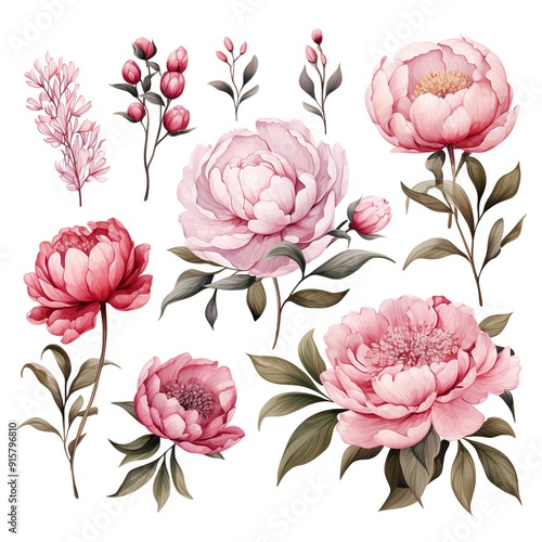 Watercolor Illustration of Delicate Peony Flowers with Lush Green Foliage.
