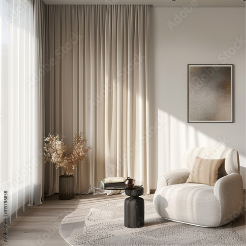 Capturing the unique blend of functionality and style in a living room adorned with blackout curtains and minimalist Japandi furniture.