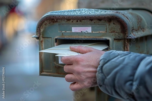 Beautiful close-up of a man's hand delicately placing a letter into a mailbox. photo