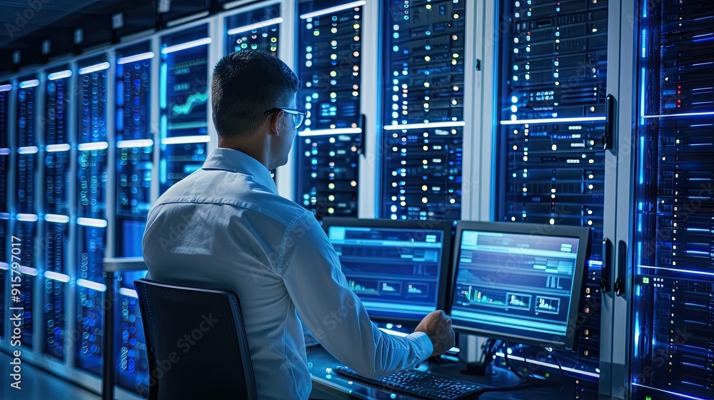 Fototapeta premium IT engineer configures and monitors servers. Data Management. A specialist ensures cybersecurity in the data center. Illustration for banner, poster, cover, brochure or presentation.