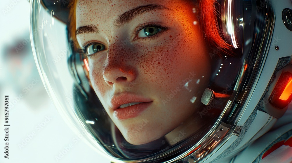 Galactic Voyager. Freckled Female Astronaut with Helmet Lighting in a Futuristic Style. Galactic Voyager. Freckled Female Astronaut with Helmet Lighting in a Futuristic Style.