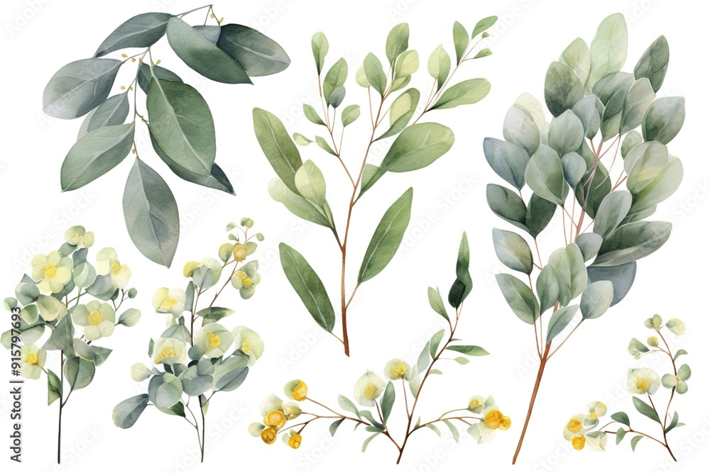 Watercolor Illustration of Greenery with Yellow Flowers. Watercolor Illustration of Greenery with Yellow Flowers.