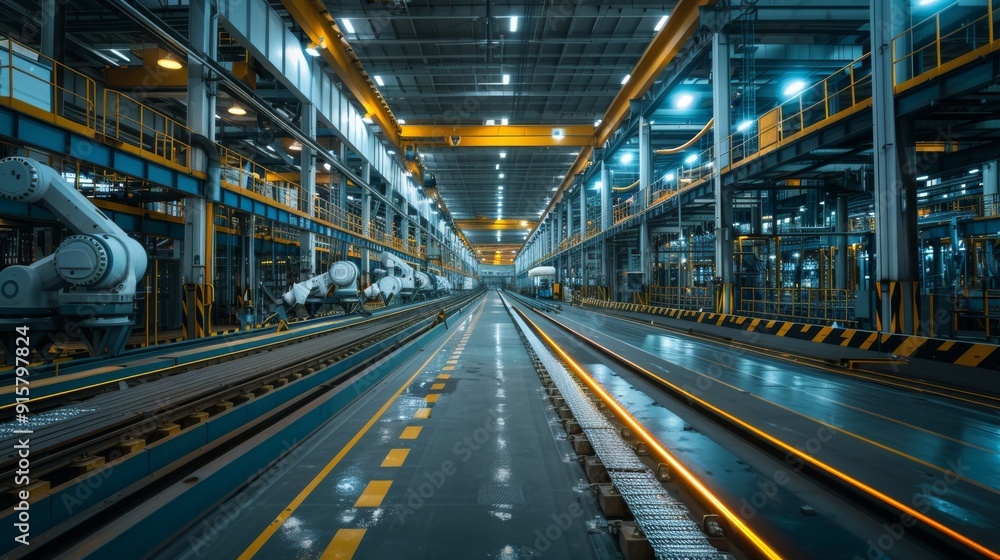 Modern industrial factory interior with advanced robotic arms and machinery Modern industrial factory interior with advanced robotic arms and machinery