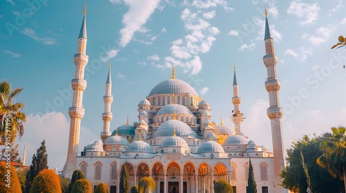 Magnificent Mosque with Ornate Minarets and Domes Towering over the Cityscape photo