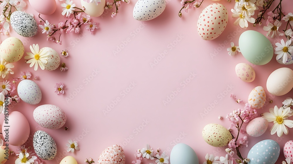 Decorated Easter Eggs and Pink Flowers on Pink Background Decorated Easter Eggs and Pink Flowers on Pink Background