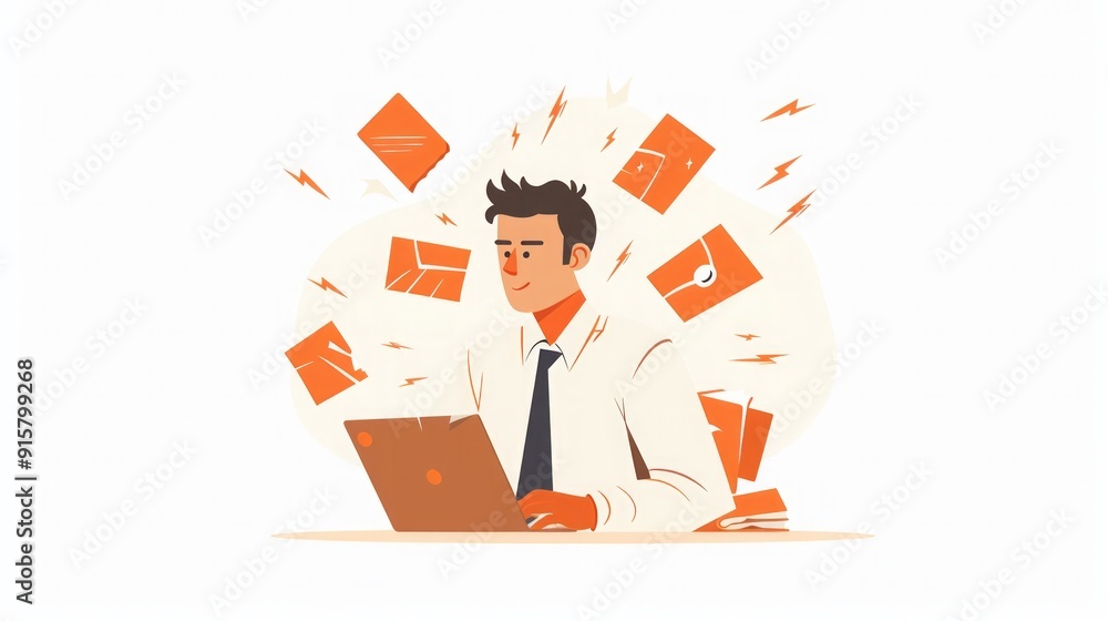 Busy Businessman Working on Laptop with Overwhelming Inbox