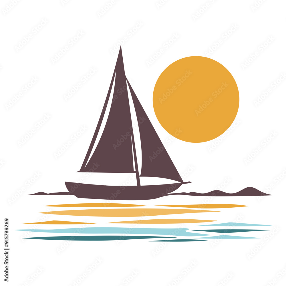 Fototapeta premium A sailboat sailing on a calm ocean with a bright sun in the sky