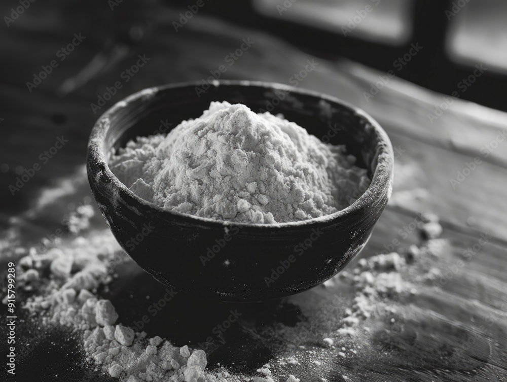 Closeup photo of powdery flour inside a bowl, suggesting home cooking preparation or the beginning of a baking process. Closeup photo of powdery flour inside a bowl, suggesting home cooking preparation or the beginning of a baking process.
