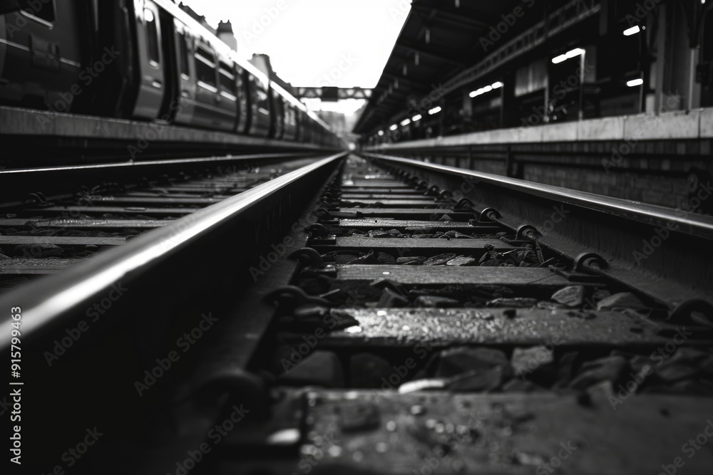 Fototapeta premium Empty metal train tracks at a bustling station.