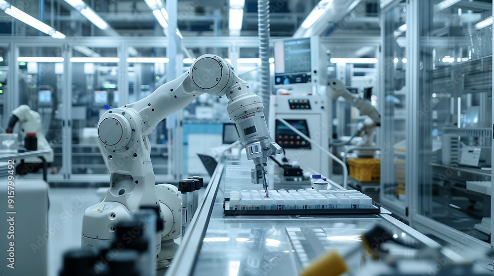 A scientist in a high-tech lab, mixing compounds with the aid of automated robotic arms. Modern lab with digital interfaces, various chemicals, and advanced equipment. Bright, A scientist in a high-tech lab, mixing compounds with the aid of automated robotic arms. Modern lab with digital interfaces, various chemicals, and advanced equipment. Bright,