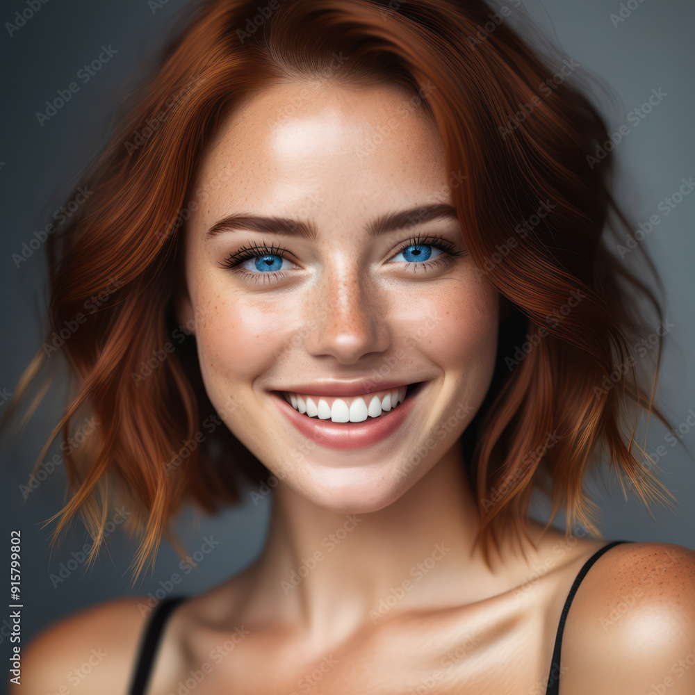Fototapeta premium cute young woman with red hair and blue eyes close up portrait in the studio
