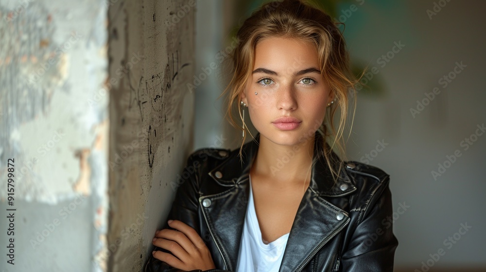 Fototapeta premium A professional close-up photo of a woman with an eyebrow piercing, featuring her intense gaze and subtle smile. The focus is sharp on her eyes and the small gold eyebrow stud