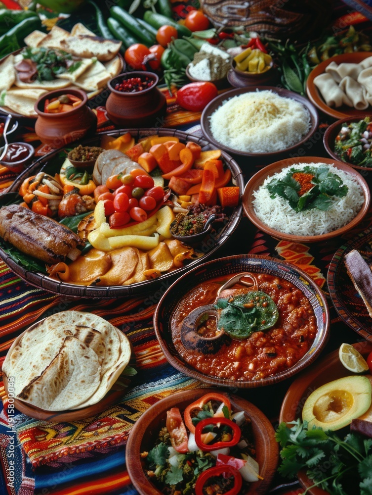 A vibrant array of Mexican dishes served in clay bowls and tortillas, showcasing fresh ingredients like carrots, beans, rice, corn, meat, cheese, tomatoes, olives and spices. A vibrant array of Mexican dishes served in clay bowls and tortillas, showcasing fresh ingredients like carrots, beans, rice, corn, meat, cheese, tomatoes, olives and spices.