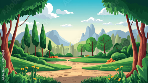 A cartoon landscape with a hill and trees