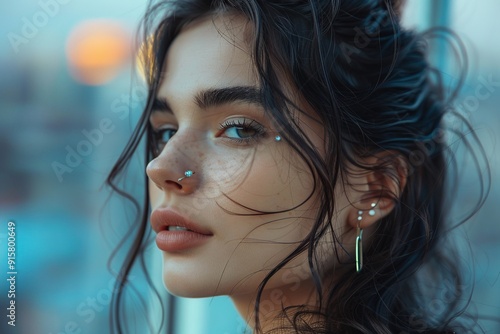 Wallpaper Mural  A professional close-up photo of a woman with an eyebrow piercing, featuring her intense gaze and subtle smile. The focus is sharp on her eyes and the small gold eyebrow stud Torontodigital.ca