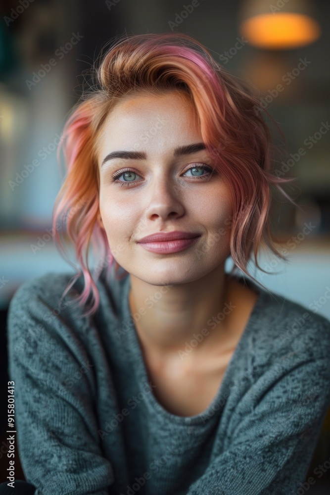 Fototapeta premium Young adult with stylish hair and makeup. Sitting indoors, looking to her side.
