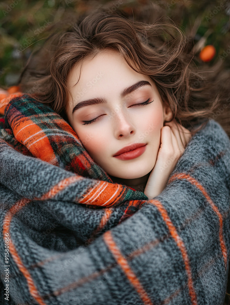 Woman wrapped in a cozy Fall scarf Woman wrapped in a cozy Fall scarf
