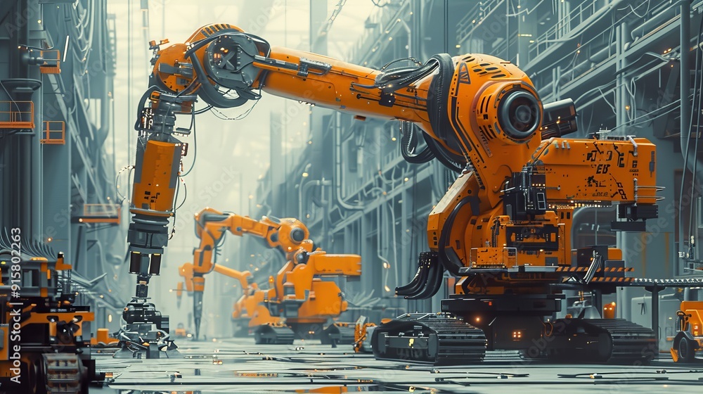 Fototapeta premium High-resolution minimalist image of industrial robots working in a futuristic factory