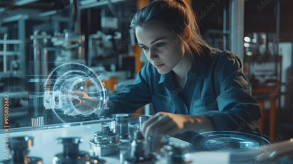 Young female engineer working on advanced technology and digital interfaces in a laboratory at night Young female engineer working on advanced technology and digital interfaces in a laboratory at night