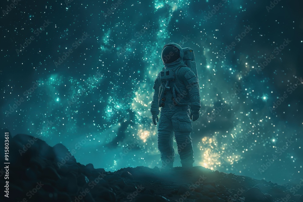 Astronaut standing on an alien landscape under a starry sky. Astronaut standing on an alien landscape under a starry sky.