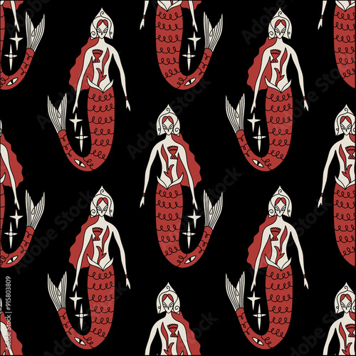 Cartoon linocut vintage ethnic redhead mermaid princess, boho character red hair girl mascot groovy whimsical flat art doodle seamless pattern background wrapping surface clipart