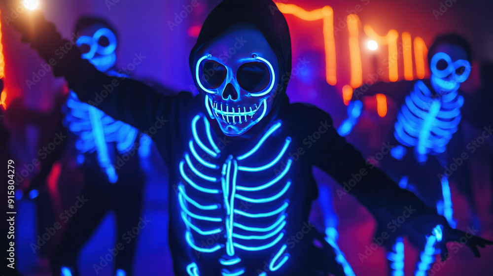 Glow stick skeleton costume for Halloween, kids are wearing glowing sticks at night going out for party, candies, trick or treat. whimsical spooky halloween concept. Haunted house scary neighborhood Glow stick skeleton costume for Halloween, kids are wearing glowing sticks at night going out for party, candies, trick or treat. whimsical spooky halloween concept. Haunted house scary neighborhood