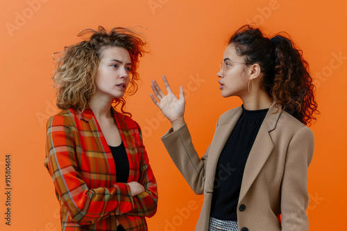 Two women in casual clothes discussing on colorful background. Generative AI. photo