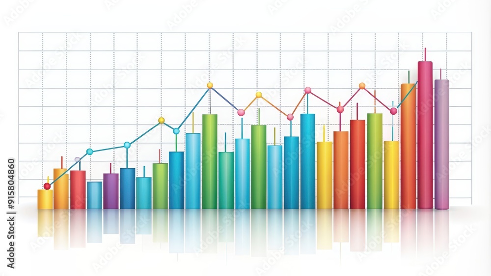 A detailed graph on a white background with various colored lines representing data points and trends, analytics A detailed graph on a white background with various colored lines representing data points and trends, analytics
