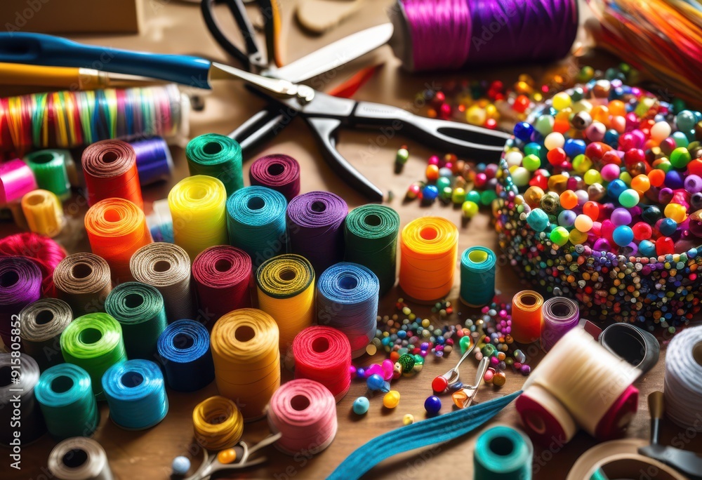 Fototapeta premium vibrant collection colorful crafting supplies featuring assorted accessories creative projects diy enthusiasts, materials, tools, paper, paint, beads