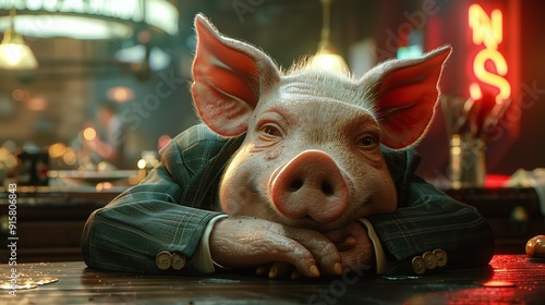 This creative image shows a pig wearing human attire looking directly at the camera. photo