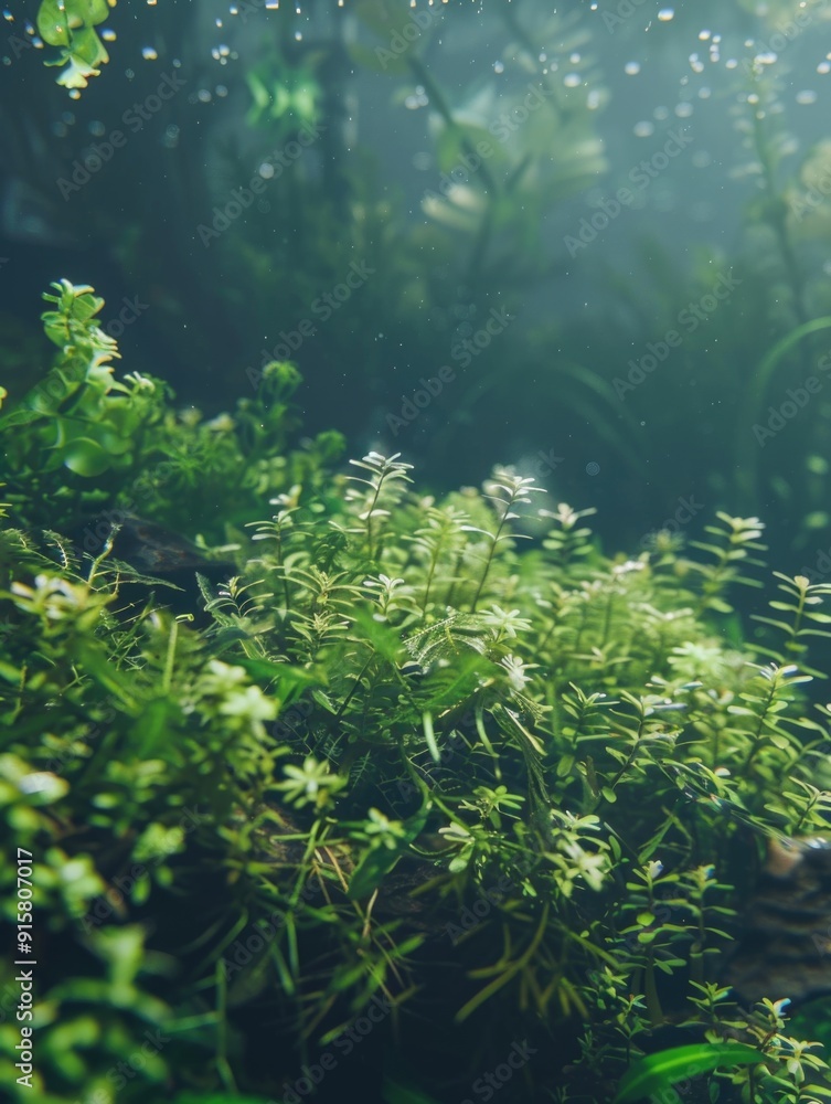 A close-up view of underwater plants growing in a natural aquatic ecosystem. A close-up view of underwater plants growing in a natural aquatic ecosystem.
