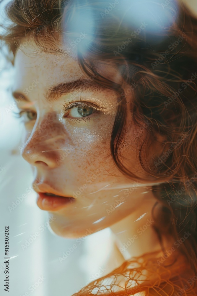 Model showcases fine skin texture with freckles Model showcases fine skin texture with freckles