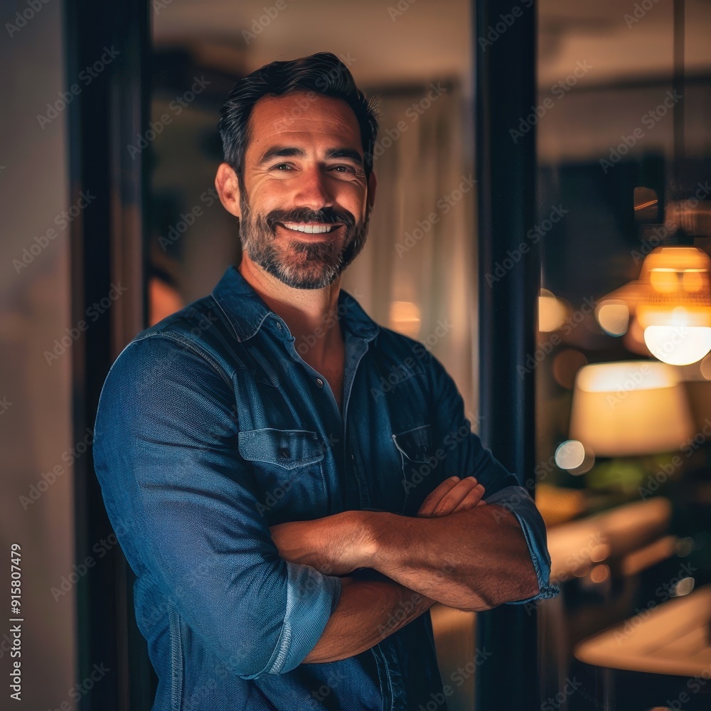 A joyful young man posing with crossed arms in a vibrant cityscape at night A joyful young man posing with crossed arms in a vibrant cityscape at night