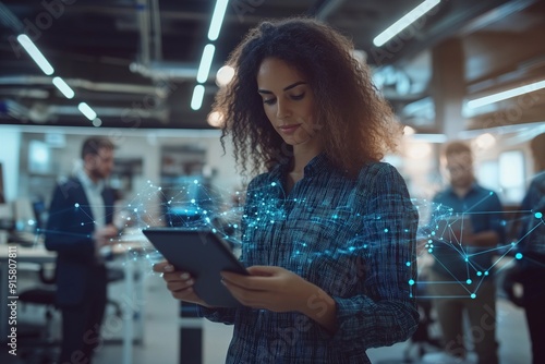 professional business woman using a global online ordering platform interface on a digital tablet, in a modern office environment