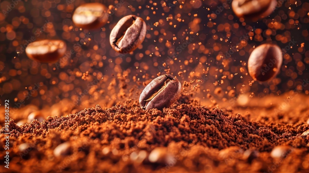 The mesmerizing dance of freshly ground coffee beans amid aromatic coffee grounds in a warm kitchen setting The mesmerizing dance of freshly ground coffee beans amid aromatic coffee grounds in a warm kitchen setting