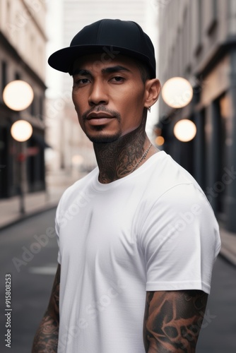 A stylish young man poses confidently in a serene urban setting, showcasing his tattoos as the evening lights softly illuminate the street