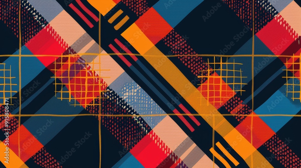 A vibrant geometric fabric design showcases bold colors and shapes in a striking arrangement A vibrant geometric fabric design showcases bold colors and shapes in a striking arrangement