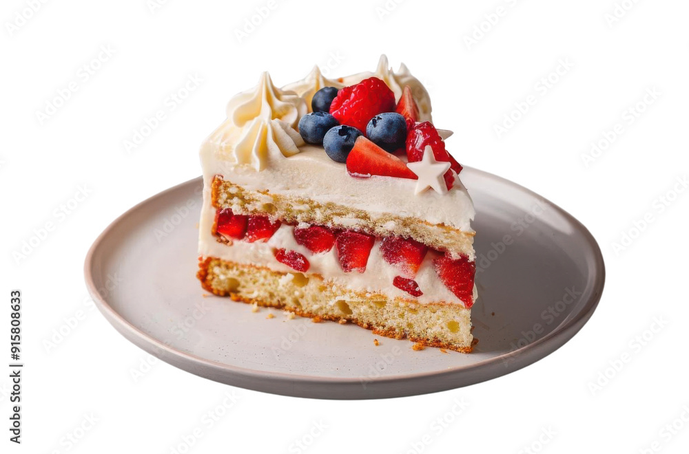 PNG Delicious slice of layered cake topped with fresh berries and cream, perfect for celebrations and dessert lovers. PNG Delicious slice of layered cake topped with fresh berries and cream, perfect for celebrations and dessert lovers.