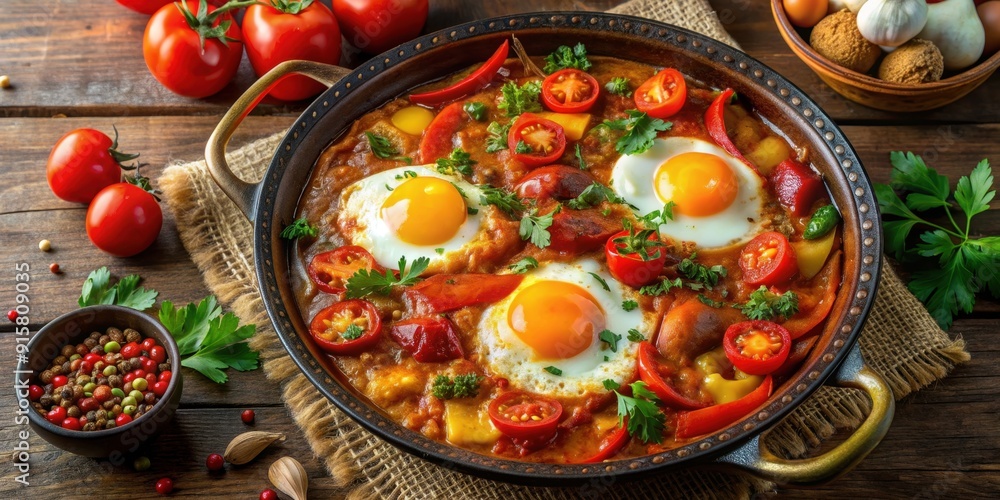Traditional Tunisian Ojja dish with eggs, tomatoes, bell peppers, and spices, Tunisian, Ojja, dish, eggs Traditional Tunisian Ojja dish with eggs, tomatoes, bell peppers, and spices, Tunisian, Ojja, dish, eggs