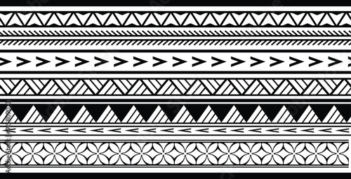 Polynesian tattoo design tribal border. Tribal design ethnic ornament maori band. Samoan Tattoo ribbon sleeve bracelet. Fabric seamless isolated hawaiian armband pattern on white background.