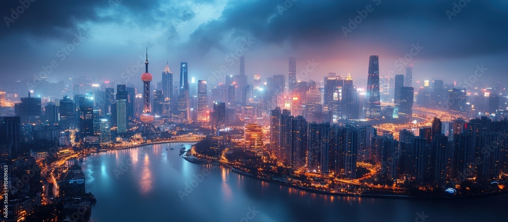A stunning night view of a vibrant city skyline with illuminated buildings and a river. A stunning night view of a vibrant city skyline with illuminated buildings and a river.