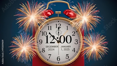 Vibrant New Year's Eve Celebration at Midnight with Clock Striking 12:00 and Colorful Fireworks Marking the Transition from December 2024 to January 2025 photo