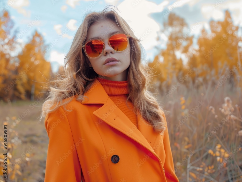 Model posing in fall outfit, featuring vibrant orange coat and yellow sunglasses against backdrop of golden aspen leaves. Model posing in fall outfit, featuring vibrant orange coat and yellow sunglasses against backdrop of golden aspen leaves.
