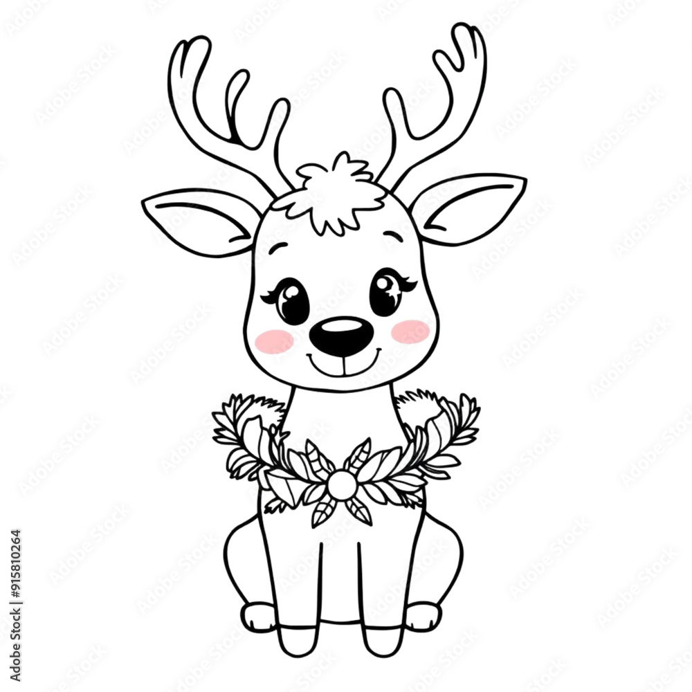 Coloring page outline of a cartoon smiling cute deer with flowers on an Isolated transparent background. generated with AI Coloring page outline of a cartoon smiling cute deer with flowers on an Isolated transparent background. generated with AI