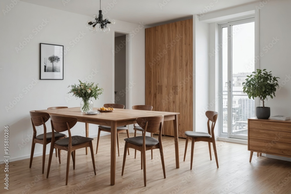 Chairs at wooden table placed next to wardrobe in spacious dining room in modern apartment with white walls Chairs at wooden table placed next to wardrobe in spacious dining room in modern apartment with white walls